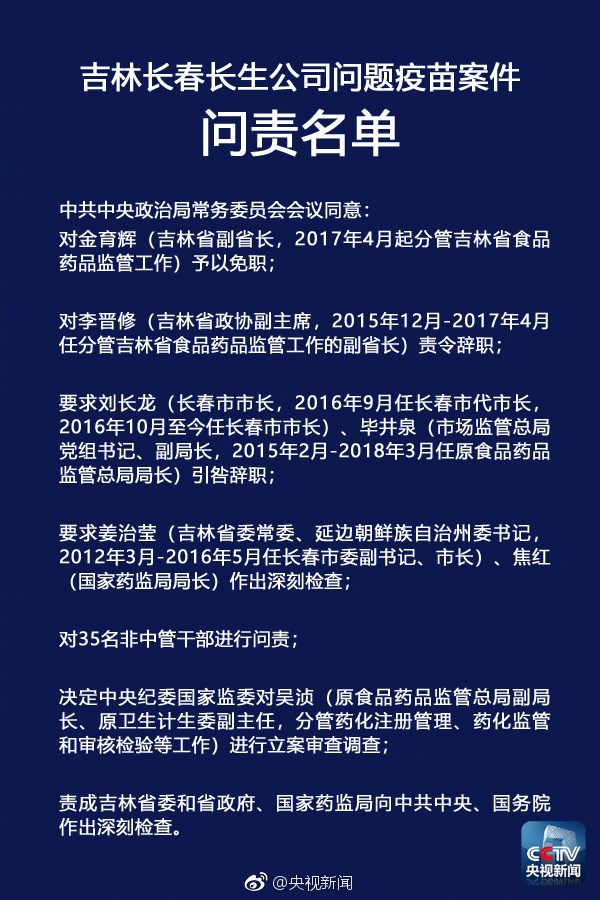 央視：中央政治局聽取長生疫苗門調(diào)查報(bào)告，嚴(yán)肅問責(zé)相關(guān)人員